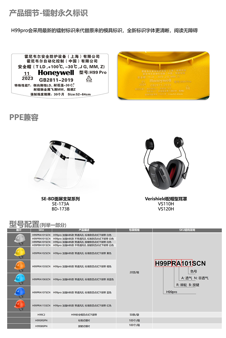 Honeywell霍尼韦尔H99PBN101SCN H99pro加强ABS款不带通风孔按键款白色安全帽5